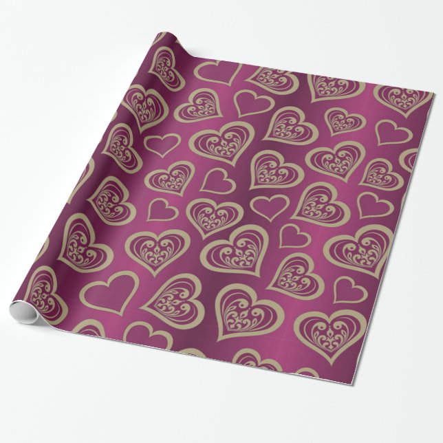 Papel De Regalo San Valentín Morado en Corazones Marrones (Desenrollado)