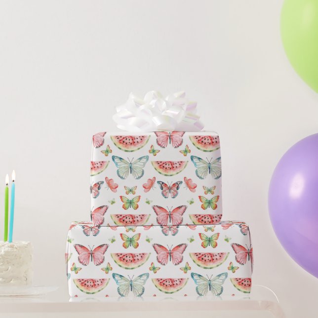 Papel De Regalo Sandía Verde Roja Mariposas Azules Cumpleaños (Regalos de fiesta)