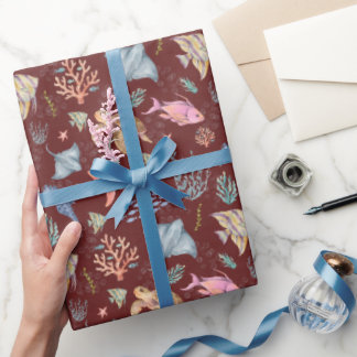 Papel De Regalo Sangría Texturizada de Vida Oceánica Acuarela