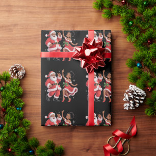 Papel De Regalo Santa africano Sra Claus bailando Navidad american