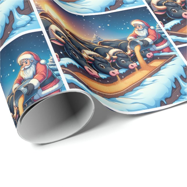 Papel De Regalo Santa Alimentando a sus Navidades de vacas (Esquina del rollo)