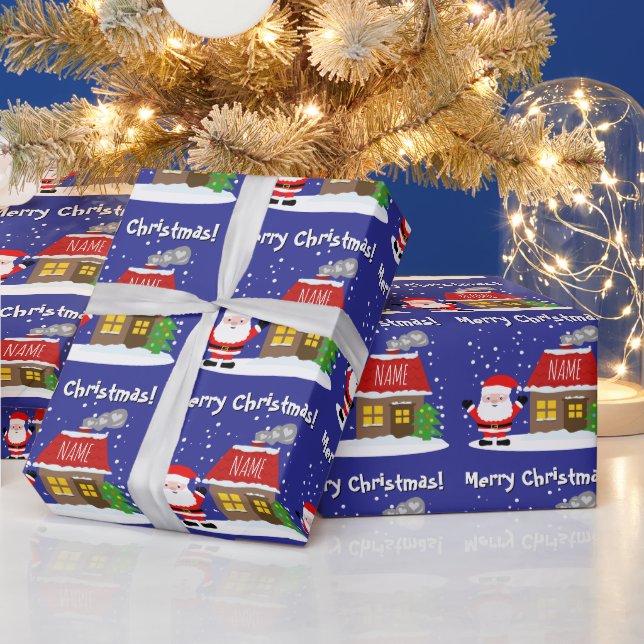 Papel De Regalo Santa Claus cartoon with house and Christmas tree (Vacaciones)