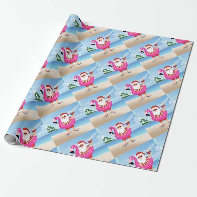 Papel De Regalo Santa Claus con anillo inflable de flamingo (Desenrollado)