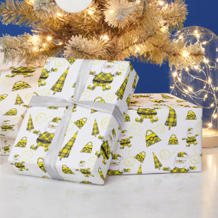 Papel De Regalo Santa Claus Escocés Amarillo Chic Con Carteras