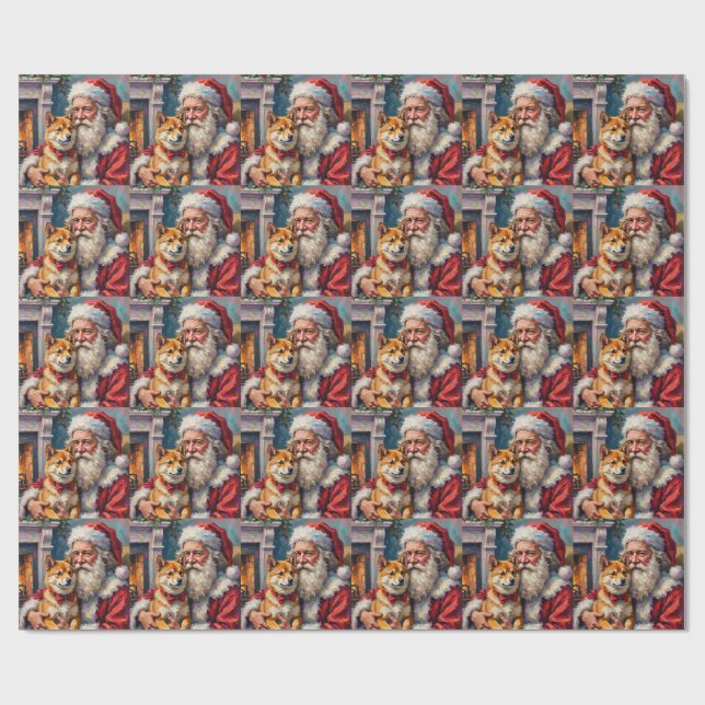 Papel De Regalo Santa Claus Holding Shiba Inu Christmas Art (Superficie plana)