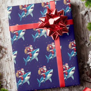 Papel De Regalo Santa Claus montando Navidades de tiburón azul
