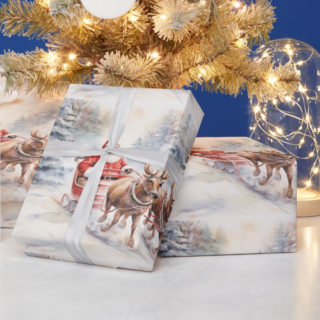 Papel De Regalo Santa Claus pasa alegremente por un bosque de niev (Vacaciones)