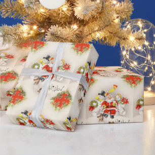 Papel De Regalo Santa Claus Retro Vintage Dos Muñecos de Nieve Cac