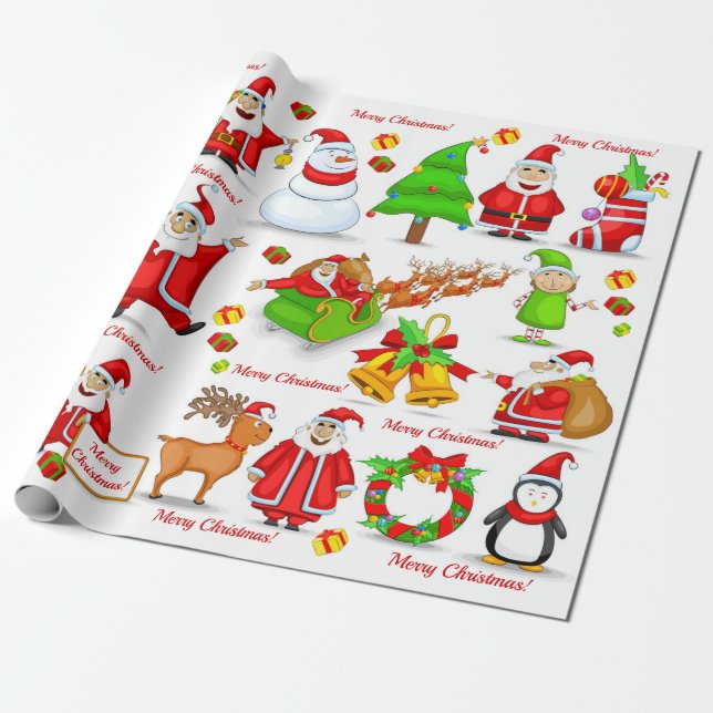 Papel De Regalo Santa Claus Snowman Elves Reindeer Penguin (Desenrollado)