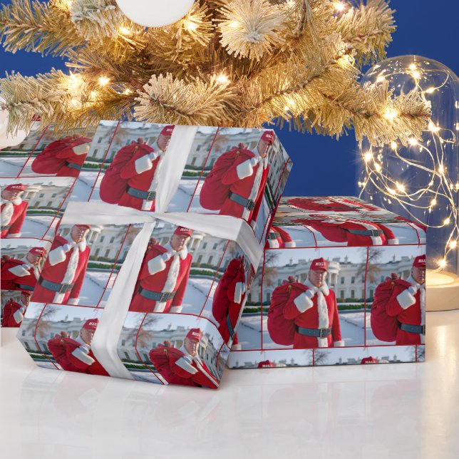 Papel De Regalo Santa Claus Trump con saco de regalo rojo (Vacaciones)
