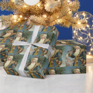 Papel De Regalo Santa Claus Victoriano Antiguo con árbol de Navida