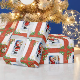 Papel De Regalo Santa Claus y Poinsettia Vintage Navidad