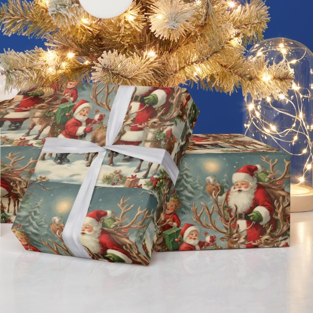 Papel De Regalo Santa con niños, renos y regalos (Vacaciones)