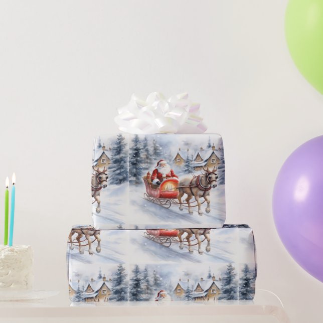 Papel De Regalo Santa en trineo en bosques nevados (Regalos de fiesta)