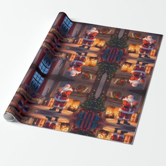 Papel De Regalo Santa entregando juguetes para niños, renos tirand (Desenrollado)