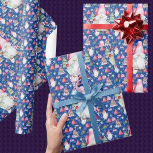 Papel De Regalo Santa Gnome para vacaciones Navidades Patrón azul