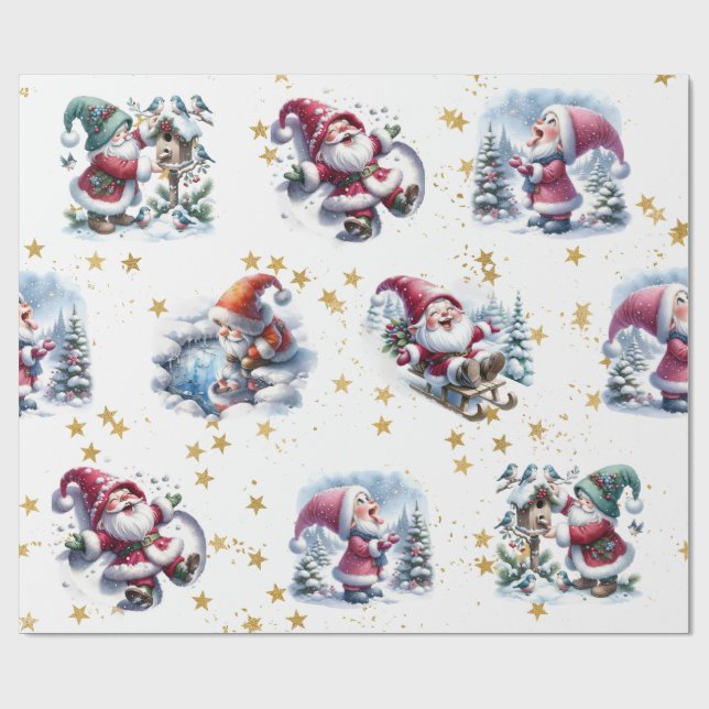 Papel De Regalo Santa Gnomes y estrellas del oro suntuosos (Superficie plana)