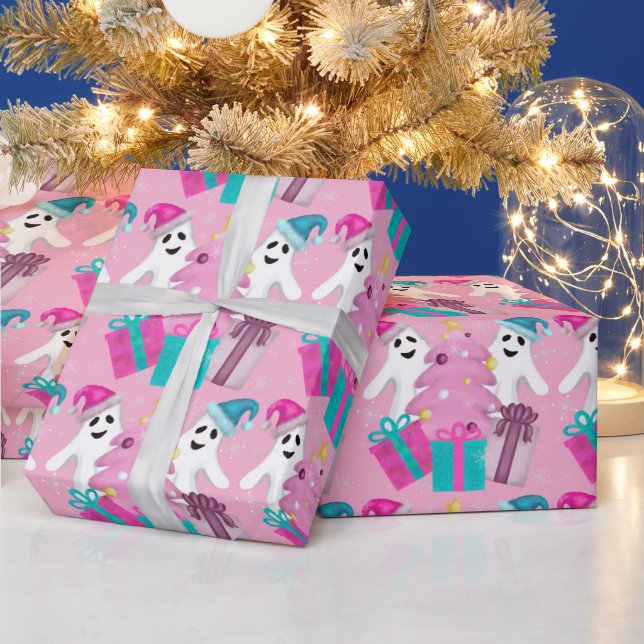 Papel De Regalo Santa Hat Ghosts with Christmas Tree & Presents (Vacaciones)
