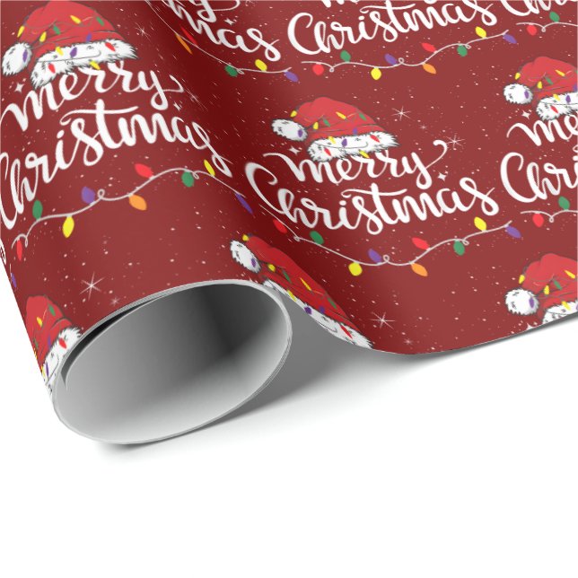 Papel De Regalo Santa Hat Merry Christmas Lights Xmas Family Red (Esquina del rollo)
