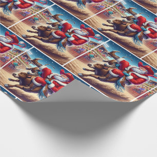 Papel De Regalo Santa montando un toro de rodeo Navidad