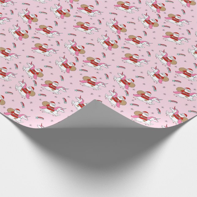 Papel De Regalo Santa montando una unicornio navidades rosas (Esquina)
