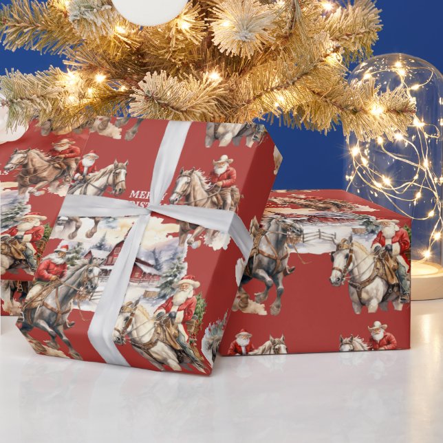 Papel De Regalo Santa Navidades del Oeste Rojo A Caballo (Vacaciones)