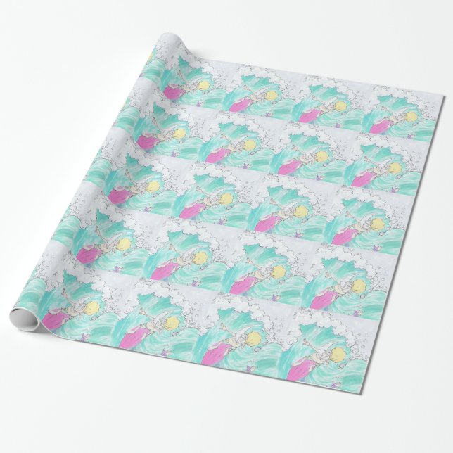 Papel De Regalo Santa. que practica surf (Desenrollado)