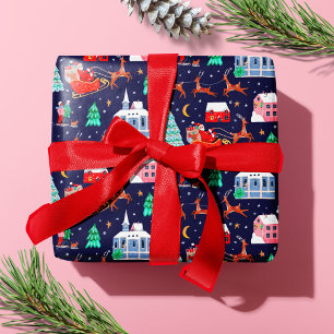 Papel De Regalo Santa & Reno de Navidad Nochebuena Pueblo Nórdico