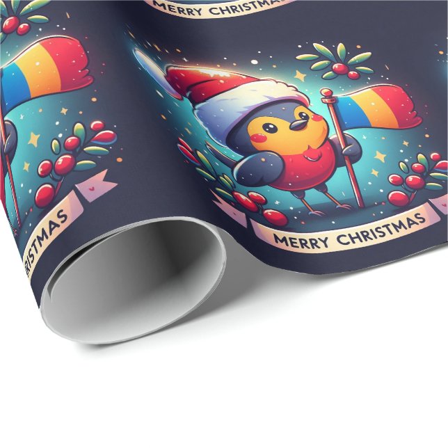 Papel De Regalo Santa Robins portando la bandera rumana (Esquina del rollo)