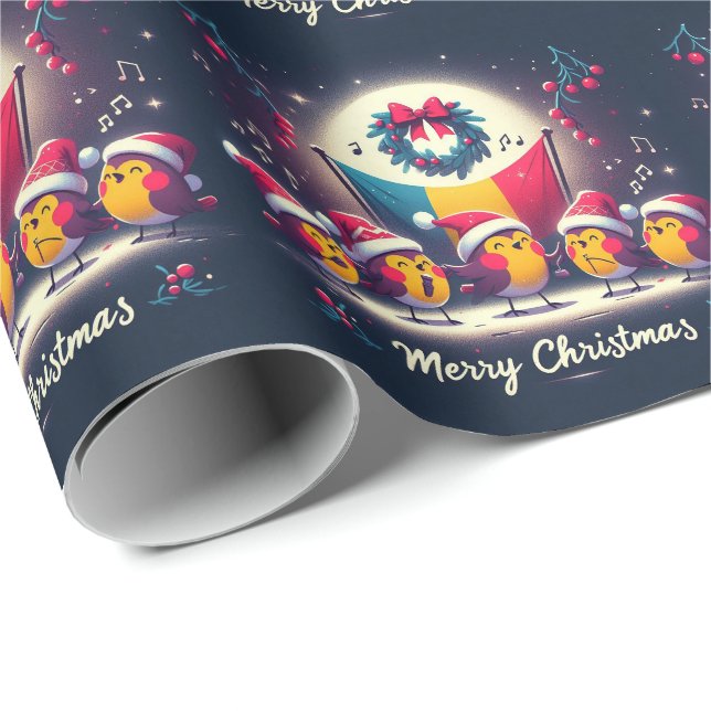 Papel De Regalo Santa Robins sosteniendo la bandera rumana (Esquina del rollo)