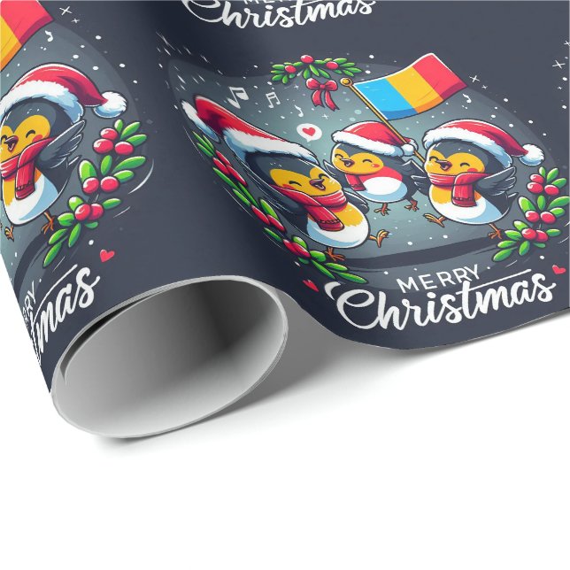 Papel De Regalo Santa Robins sosteniendo la bandera rumana (Esquina del rollo)