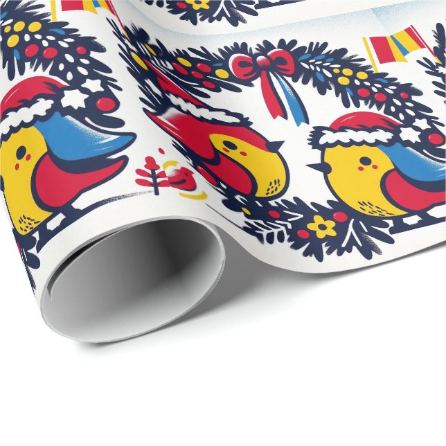 Papel De Regalo Santa Robins sosteniendo la corona de bandera ruma (Esquina del rollo)