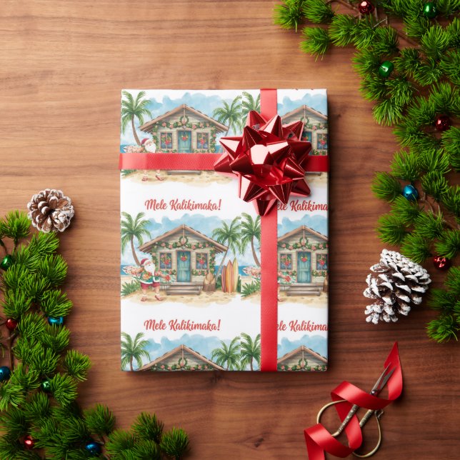 Papel De Regalo Santa Surf Shack Hawaii – “Mele Kalikimaka!”  (Regalo de vacaciones)