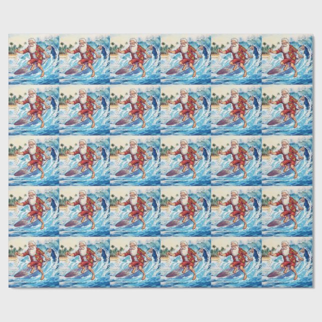 Papel De Regalo Santa surfeando en una gran ola (Superficie plana)