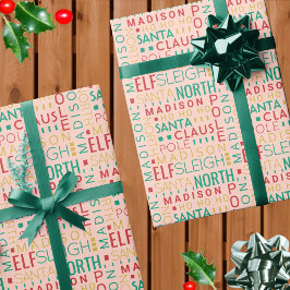 Papel De Regalo Santa Tipografía Red Green Cute Añadir nombre a lo