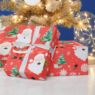 Papel De Regalo Santa Trees Copos de Nieve Navidades Rojos