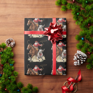 Papel De Regalo Santa Vaquero Occidental Roping Navidad Vintage 