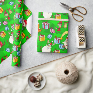 Papel De Regalo Santa Verde Brillante y Elfos Navidad