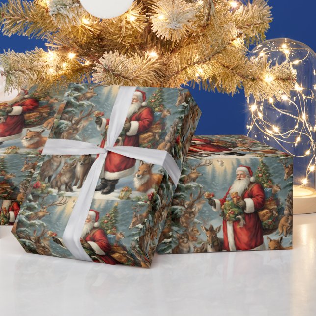 Papel De Regalo Santa victoriana con animales presentes y forestal (Vacaciones)
