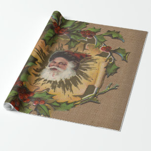 Papel De Regalo Santa Vintage Antiguo Acebo Navidad
