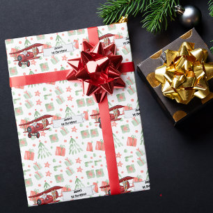 Papel De Regalo Santa volando en avión, Primera Navidad Personaliz