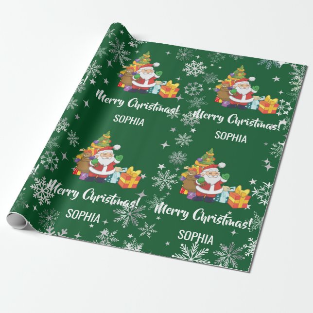Papel De Regalo Santa Xmas Tree Gifts Snowflakes Personalize Name (Desenrollado)