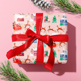 Papel De Regalo Santa y los renos Navidades rosados Aldea nórdica