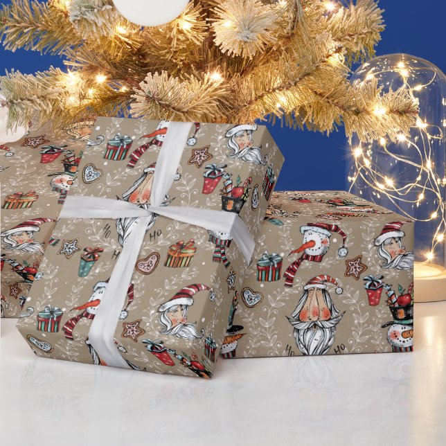 Papel De Regalo Santa y muñeco de nieve navideños caprichosos  (Vacaciones)