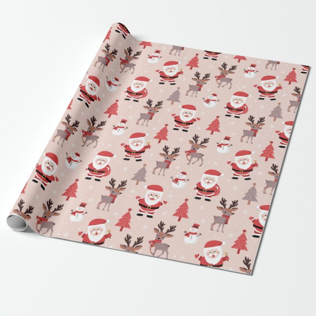 Papel De Regalo Santa y Navidades rosados renos (Desenrollado)