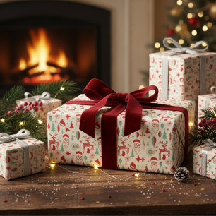 Papel De Regalo Santa y Reno Retro de los 50 Navidad Mediados del 