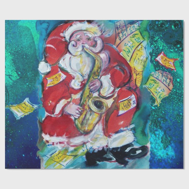 Papel De Regalo SANTA Y SAX, NAVIDADES FIESTA Noche Azul (Superficie plana)