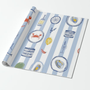Papel De Regalo Sardina de Marisco Mediterráneo Patrón de Raya Azu