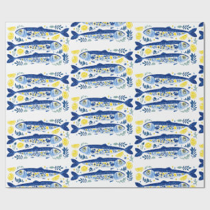 Papel De Regalo Sardinas azules y amarillas de verano mediterráneo