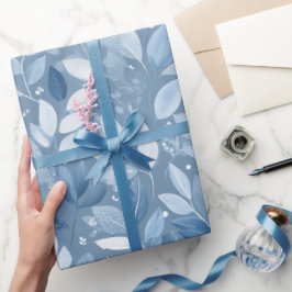 Papel De Regalo Scandinavian Soft Blue Leaf White Floral Pattern